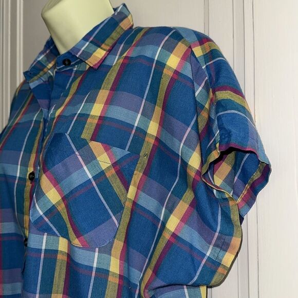 Vtg 80s Blue, Yellow, Pink & Lavender Plaid Button-Up Oversize Cap Sleeve Shirt - Picture 5 of 7